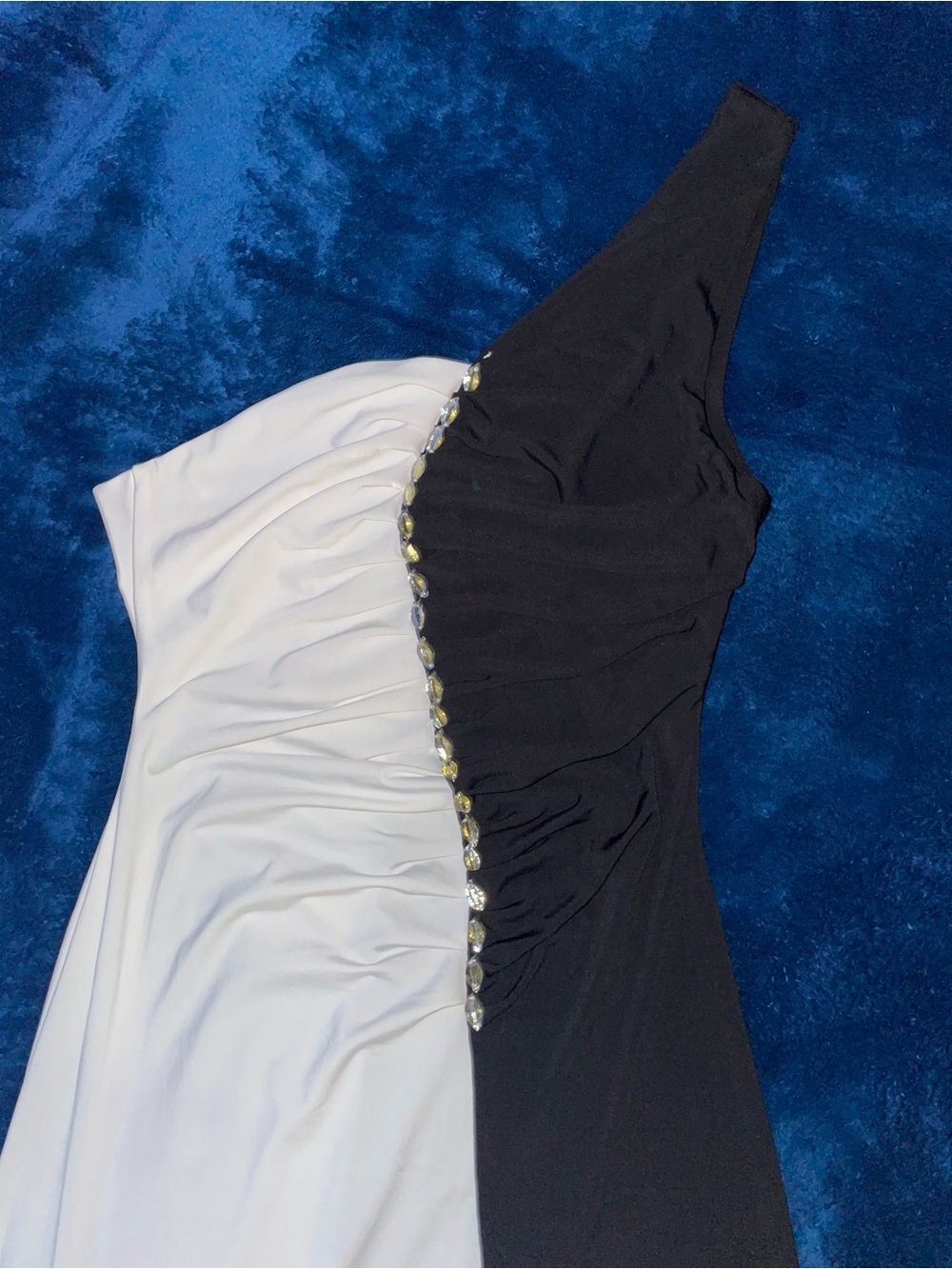 One-Shoulder Black and White Ruched Evening Dress